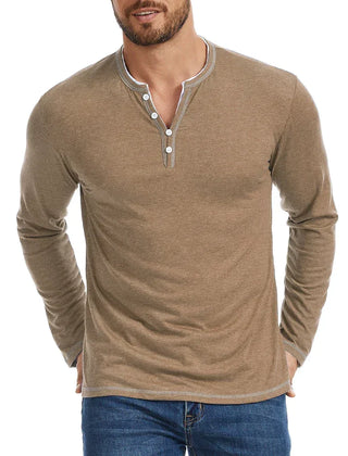 Men's T Shirt | V Neck Button Placket Long Sleeve