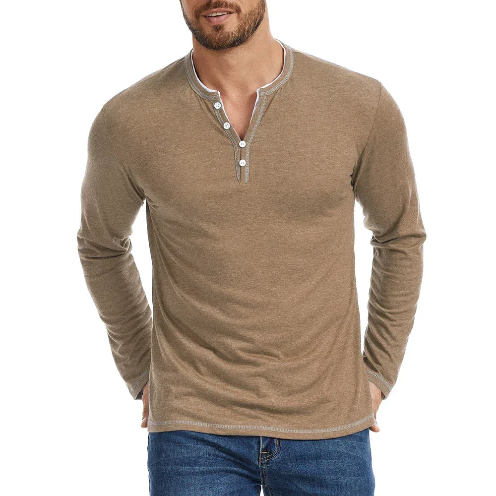 Men's T Shirt | V Neck Button Placket Long Sleeve