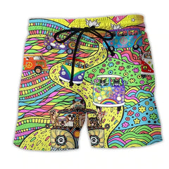Pantaloncini da bagno colorati con stampa psichedelica di furgoni hippie e motivi floreali, perfetti per l'estate e lo stile retrò.