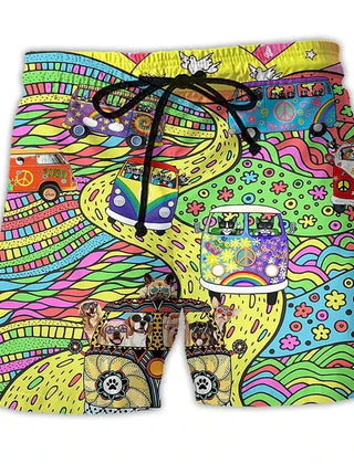 Pantaloncini da bagno colorati con stampa psichedelica di furgoni hippie e motivi floreali, perfetti per l'estate e lo stile retrò.