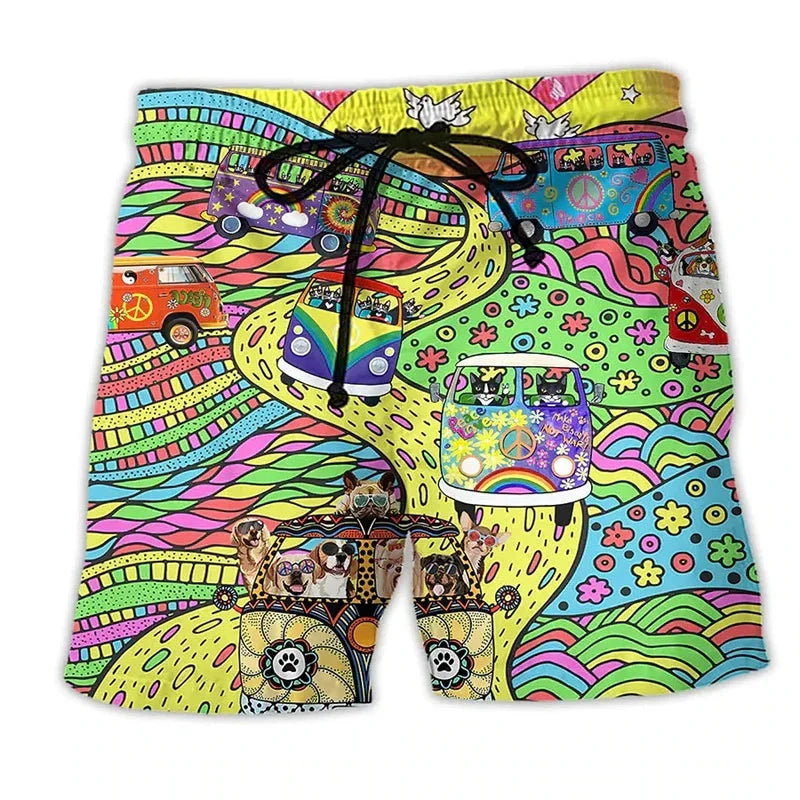 Pantaloncini da bagno colorati con stampa psichedelica di furgoni hippie e motivi floreali, perfetti per l'estate e lo stile retrò.