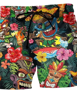 Pantaloncini da bagno uomo con stampa tiki hawaiana, fiori tropicali e foglie verdi. Design vivace, ideale per l'estate e la spiaggia.