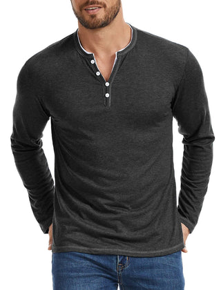 Men's T Shirt | V Neck Button Placket Long Sleeve