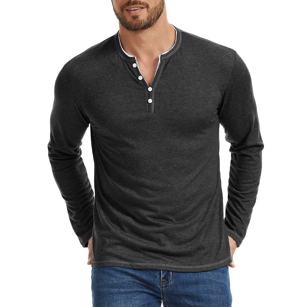 Men's T Shirt | V Neck Button Placket Long Sleeve