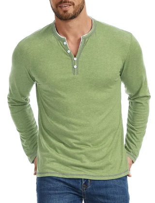 Men's T Shirt | V Neck Button Placket Long Sleeve