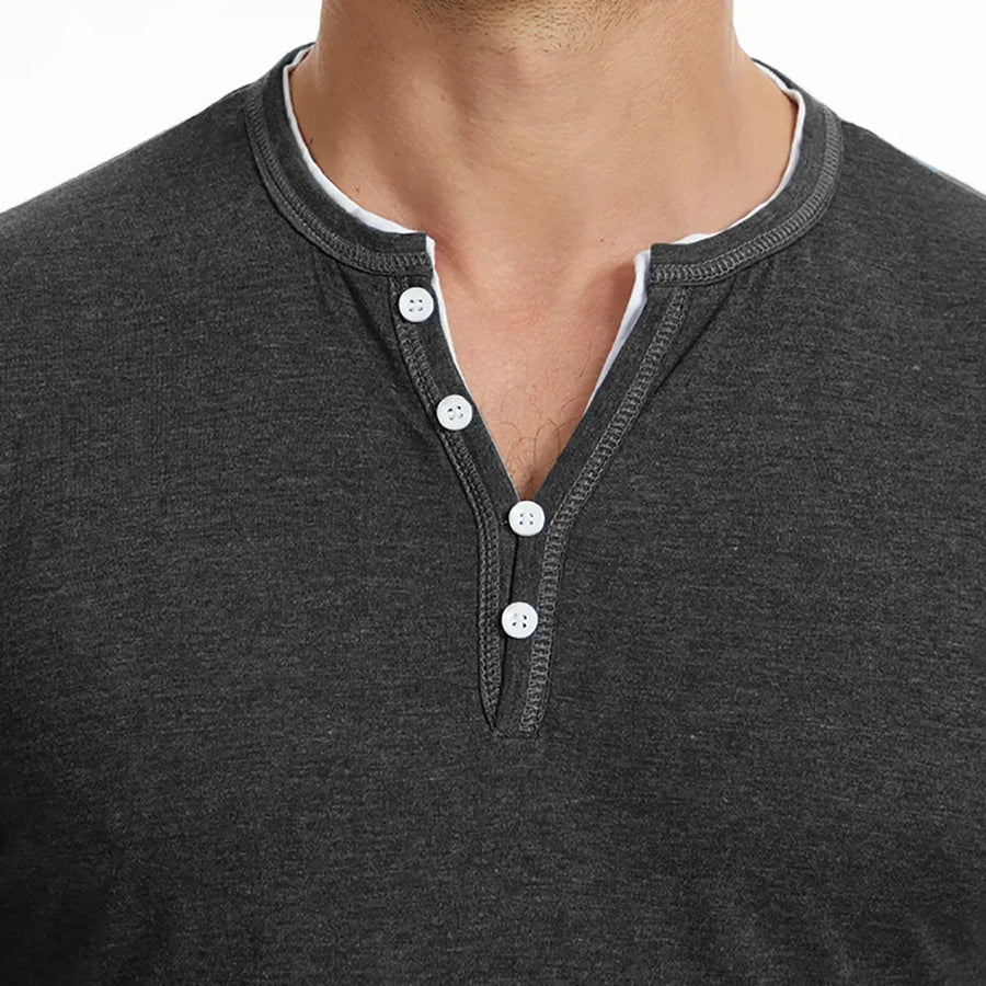 Men's T Shirt | V Neck Button Placket Long Sleeve