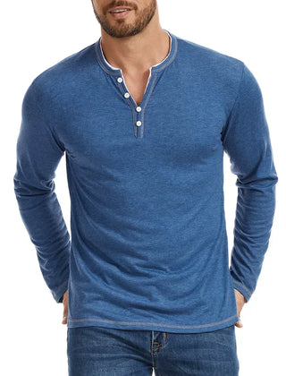 Men's T Shirt | V Neck Button Placket Long Sleeve