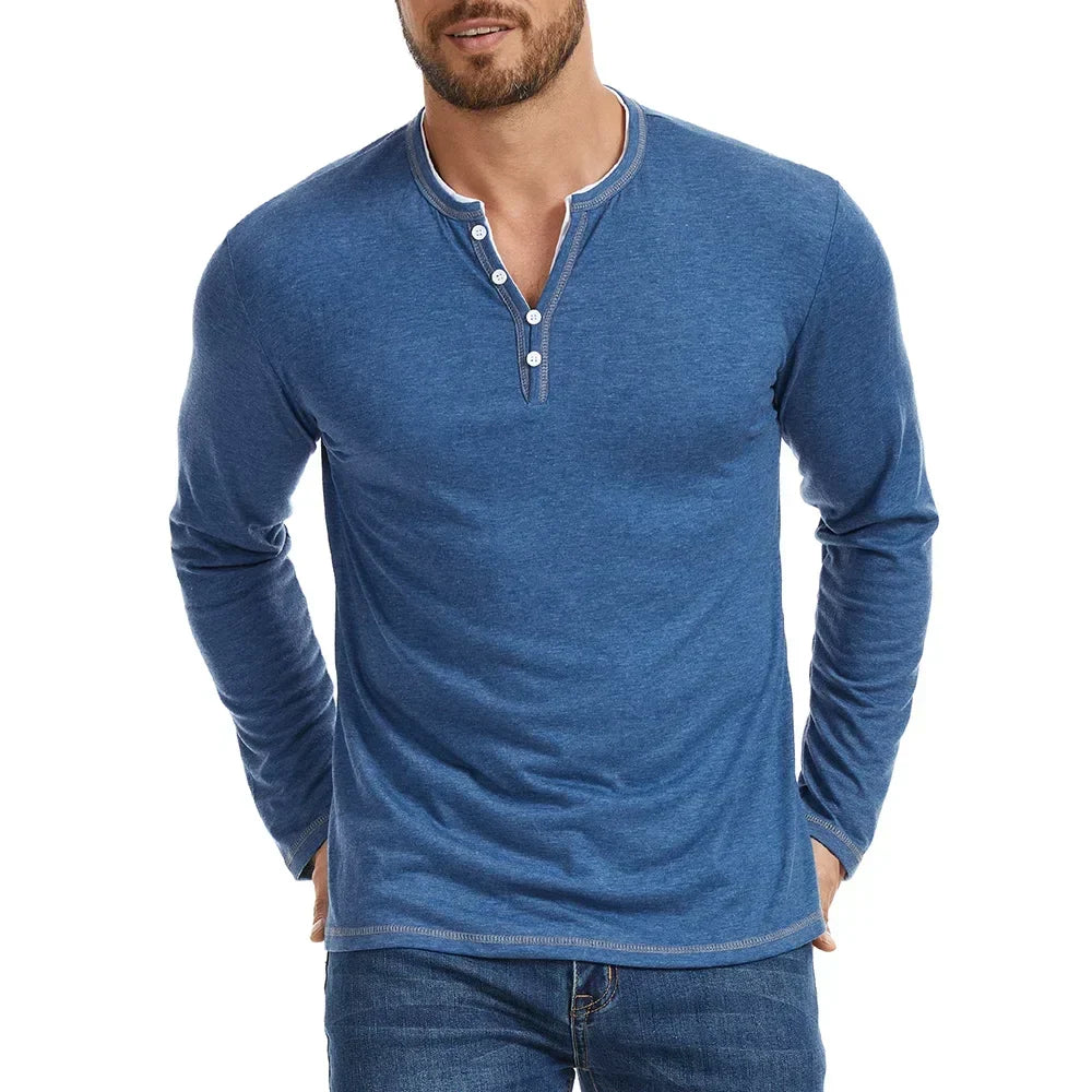 Men's T Shirt | V Neck Button Placket Long Sleeve