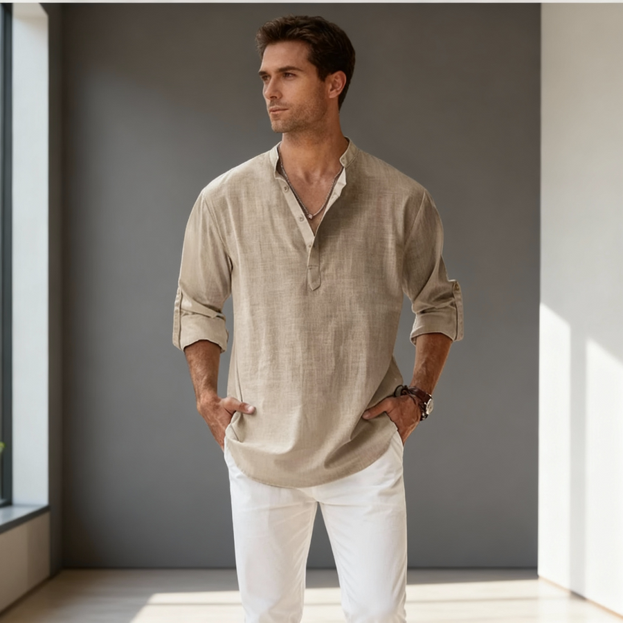 Men's Henley | Long Sleeve Linen Relaxed Fit V-Neck