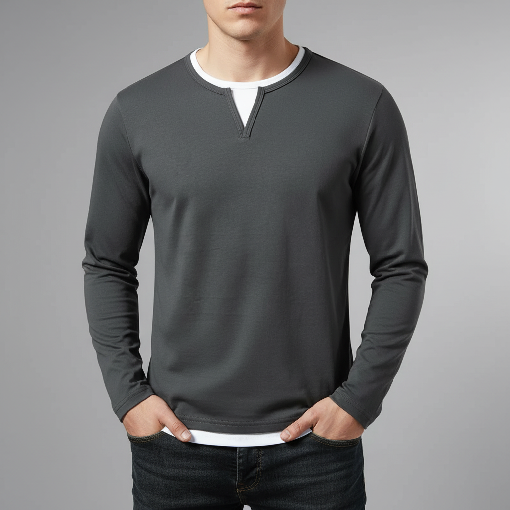 Men's T Shirt | Notch Neckline Long Sleeve Knit
