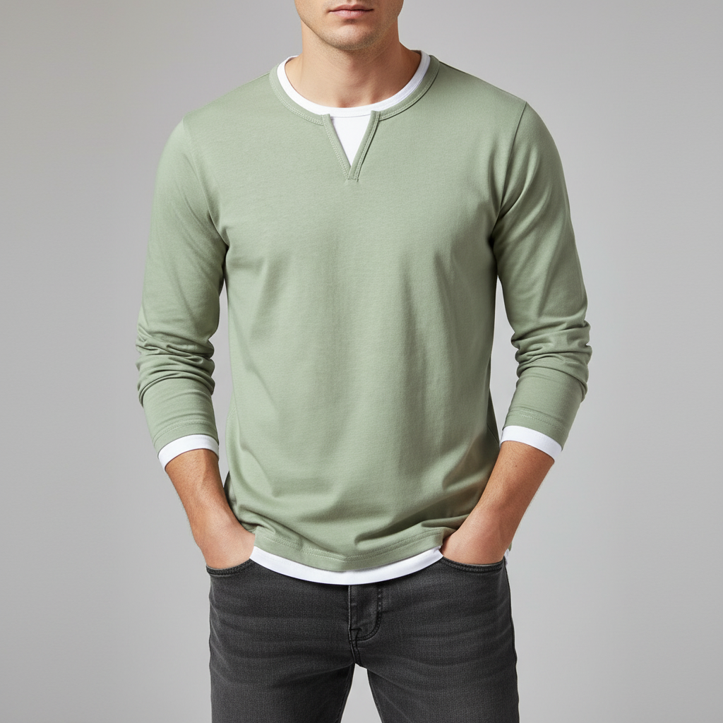 Men's T Shirt | Notch Neckline Long Sleeve Knit