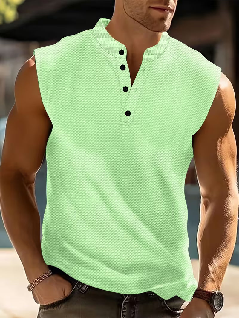 Men's No Sleeve Shirt | Henley Neckline Knit Sleeveless