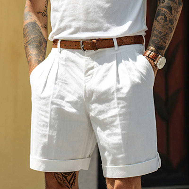 Men's Work Shorts | Pleated Front Rolled Hem Linen Blend