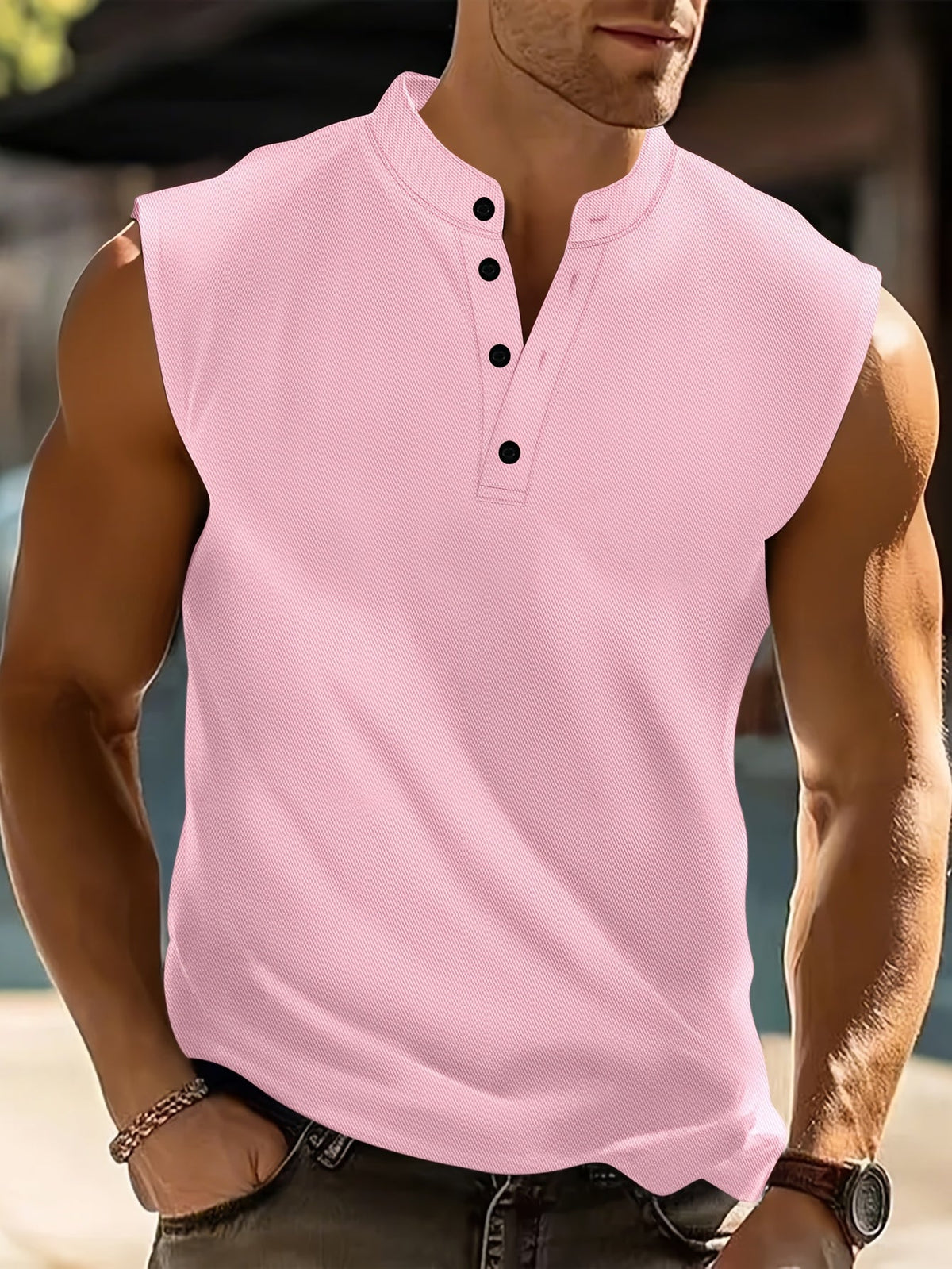 Men's No Sleeve Shirt | Stand Collar Button Front Knit
