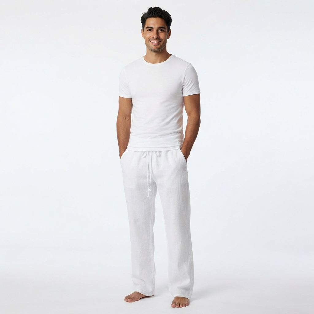 Men's Linen Pants | Drawstring Waist Relaxed Fit Full Length
