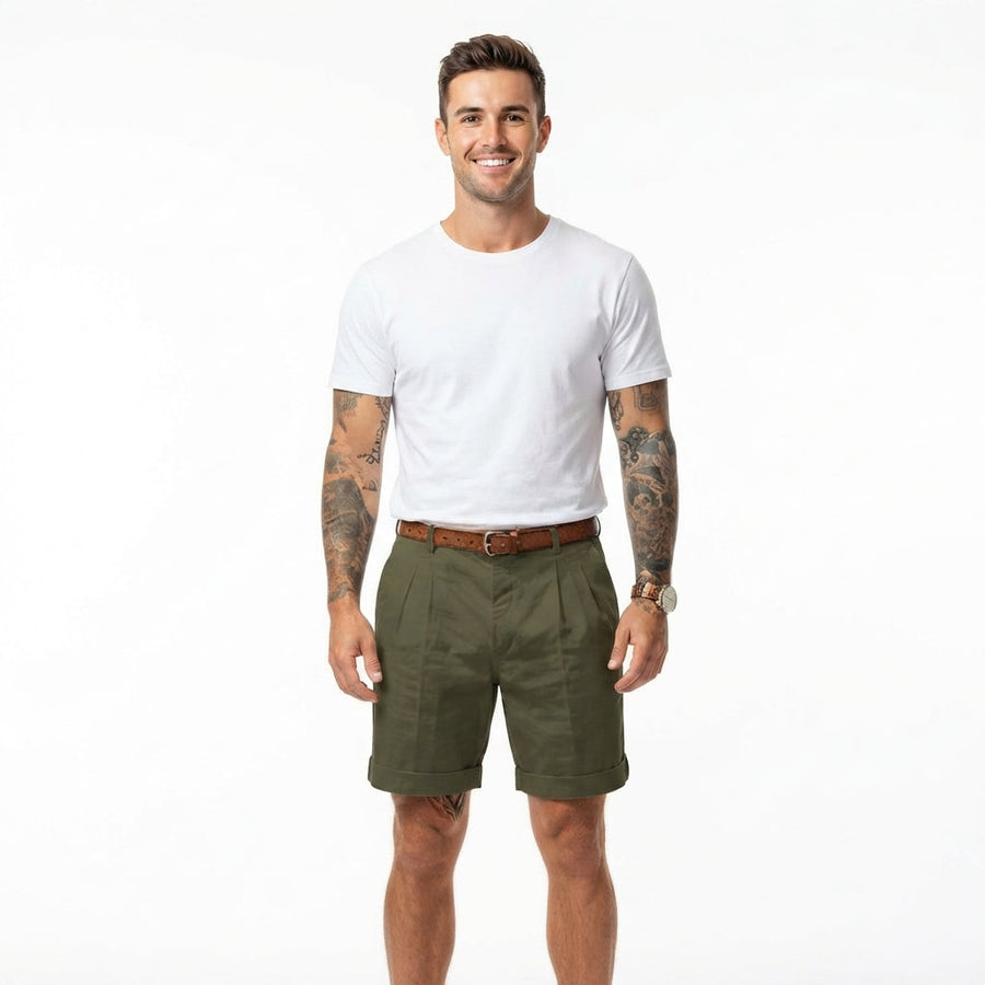 Men's Work Shorts | Pleated Front Rolled Hem Linen Blend