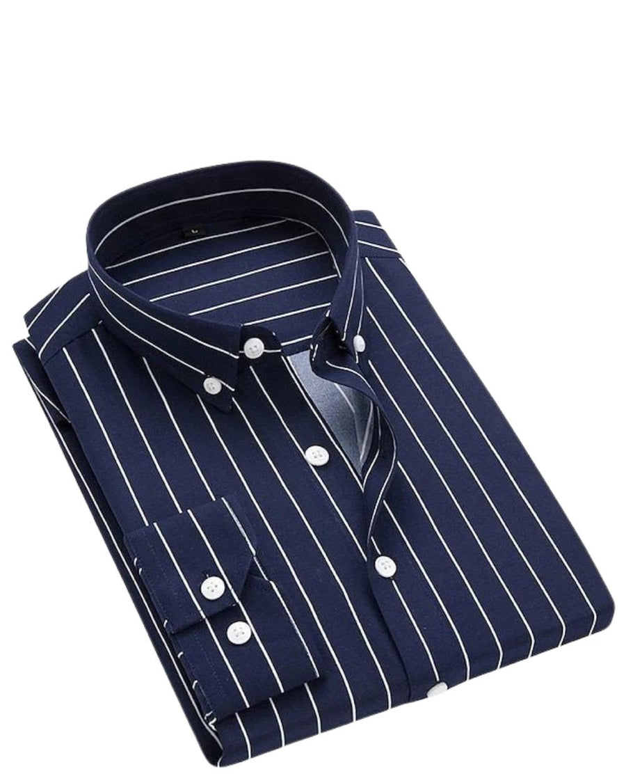 Cotton Striped Shirt Long Sleeve Slim Fit Summer - Navy blue