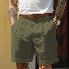 Men's Work Shorts | Pleated Front Rolled Hem Linen Blend