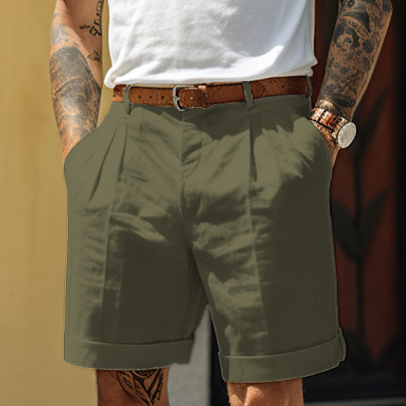 Men's Work Shorts | Pleated Front Rolled Hem Linen Blend