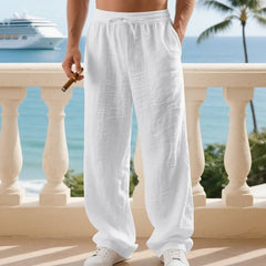 Men's White Linen Slacks | Drawstring Waist Relaxed Straight Leg