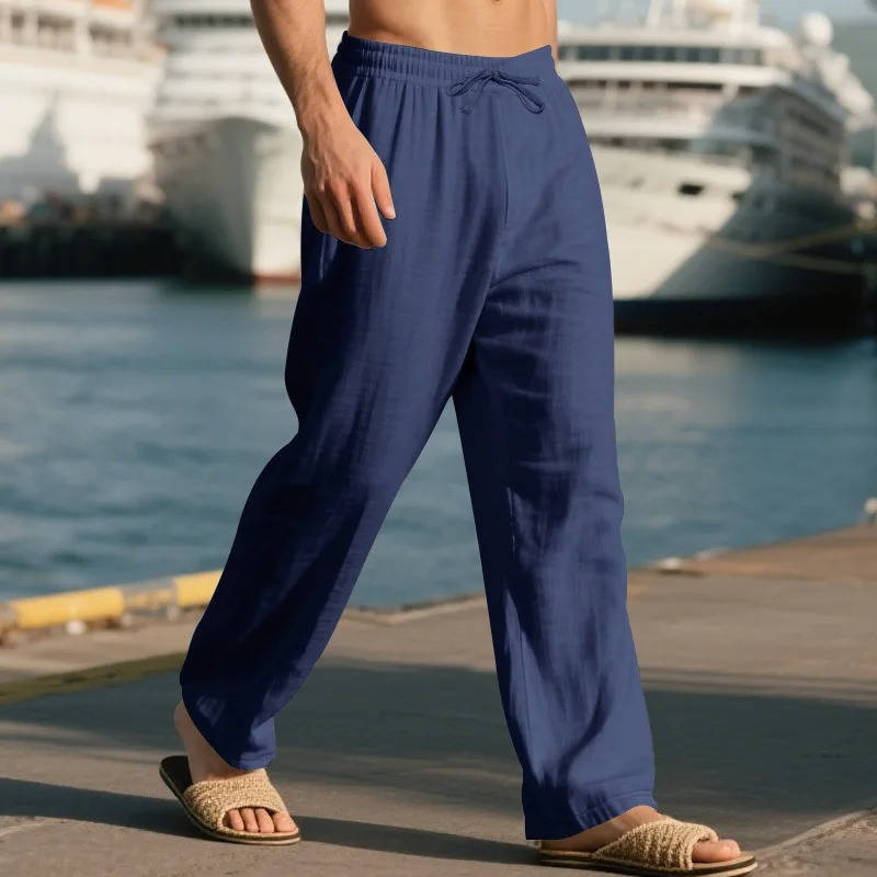 Men's White Linen Slacks | Drawstring Waist Relaxed Straight Leg