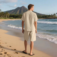 Men's Beach Shorts | Short Sleeve Button-Up Collared Linen