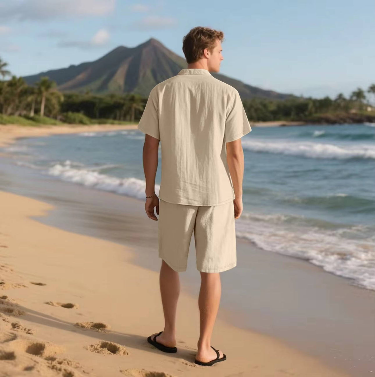 Men's Beach Shorts | Short Sleeve Button-Up Collared Linen