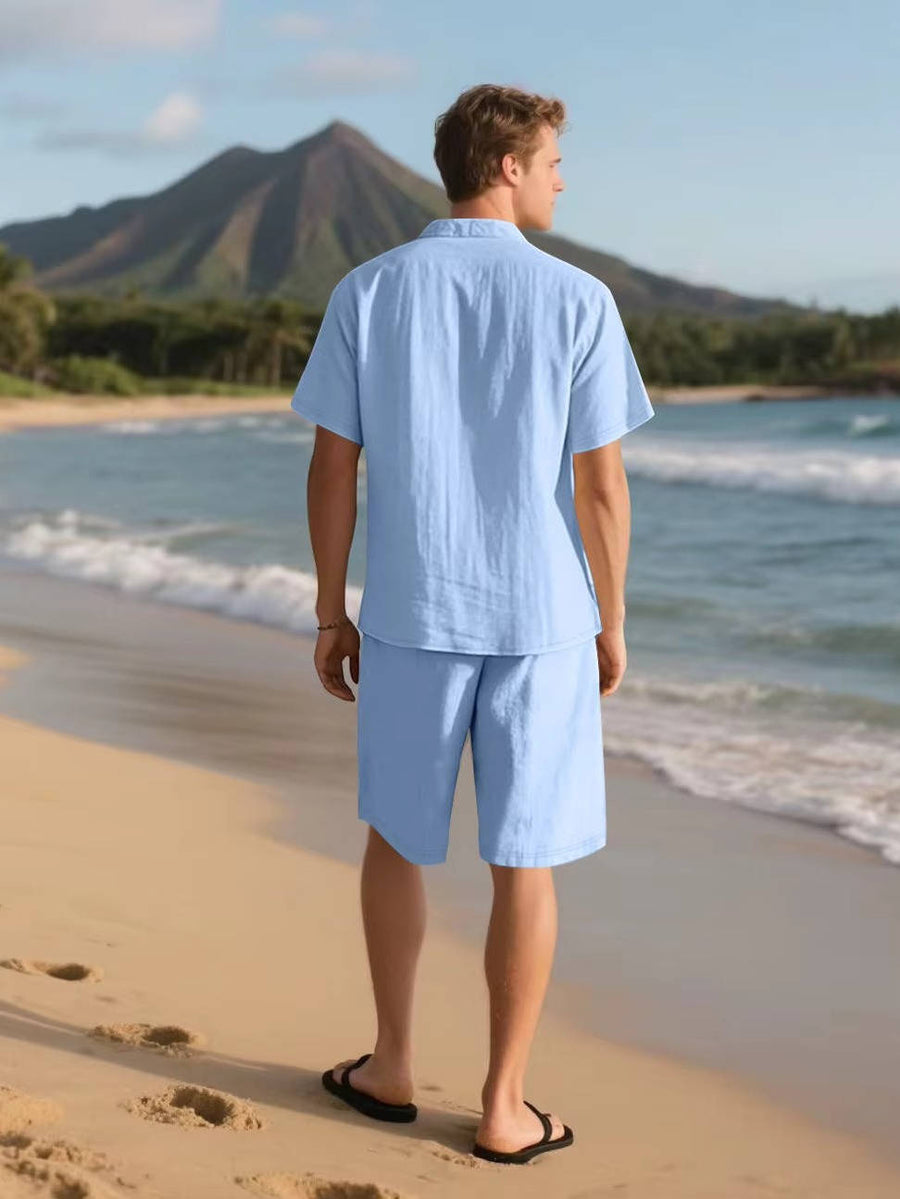 Men's Beach Shorts | Short Sleeve Button-Up Collared Linen