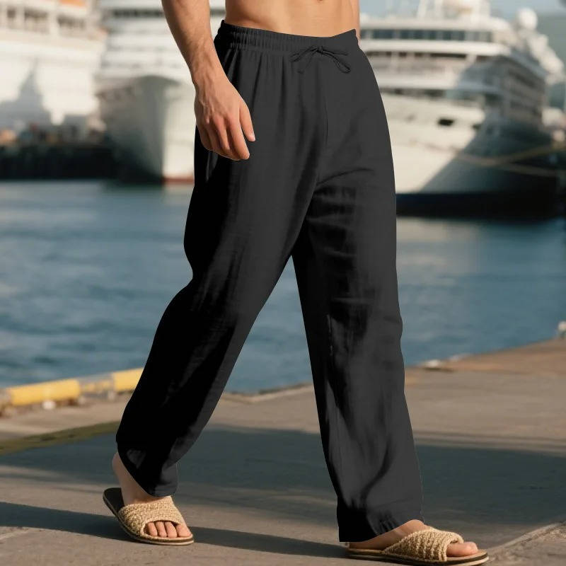 Men's White Linen Slacks | Drawstring Waist Relaxed Straight Leg