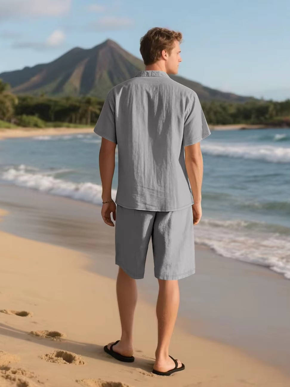Men's Beach Shorts | Short Sleeve Button-Up Collared Linen
