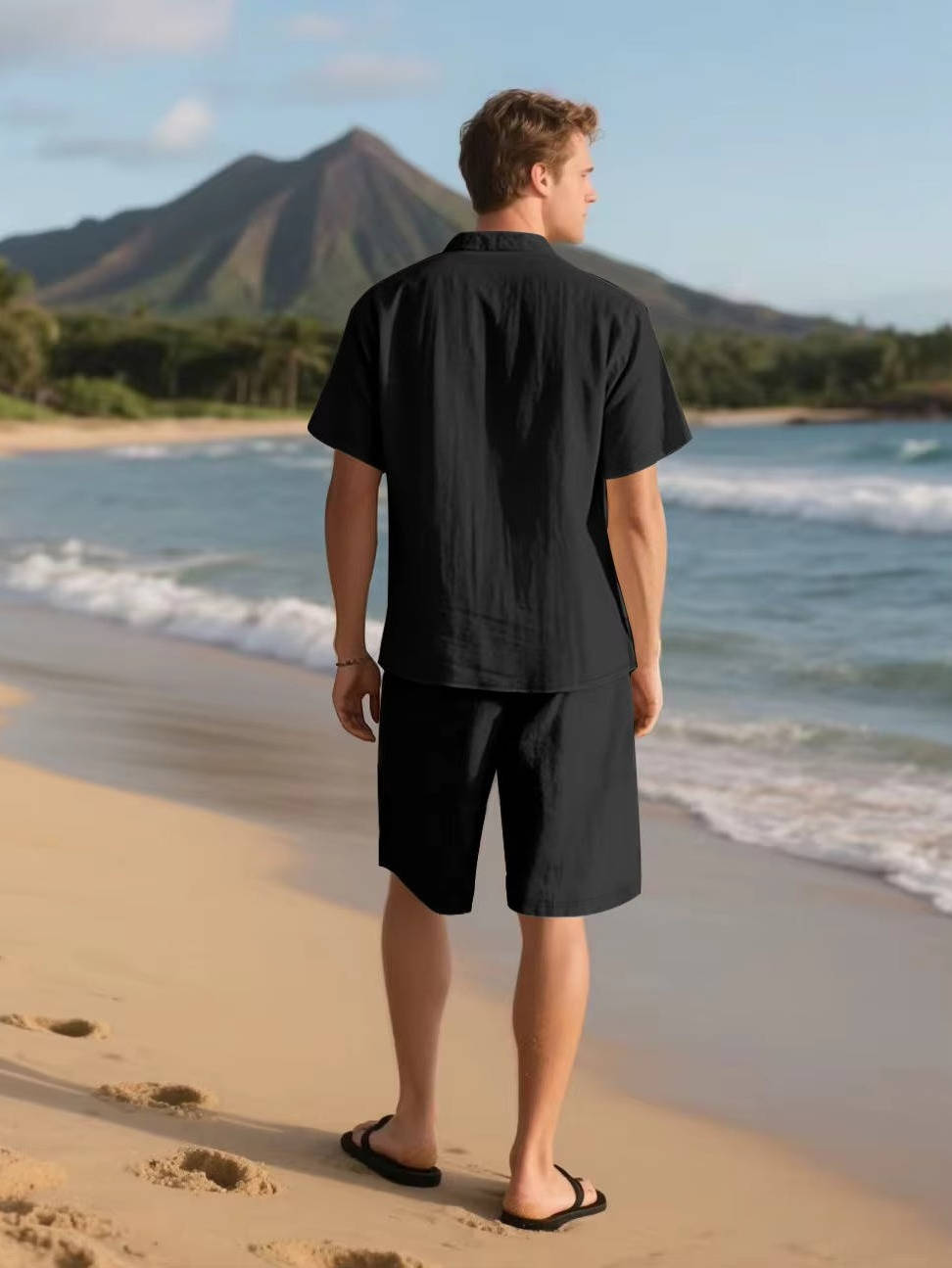 Men's Beach Shorts | Short Sleeve Button-Up Collared Linen