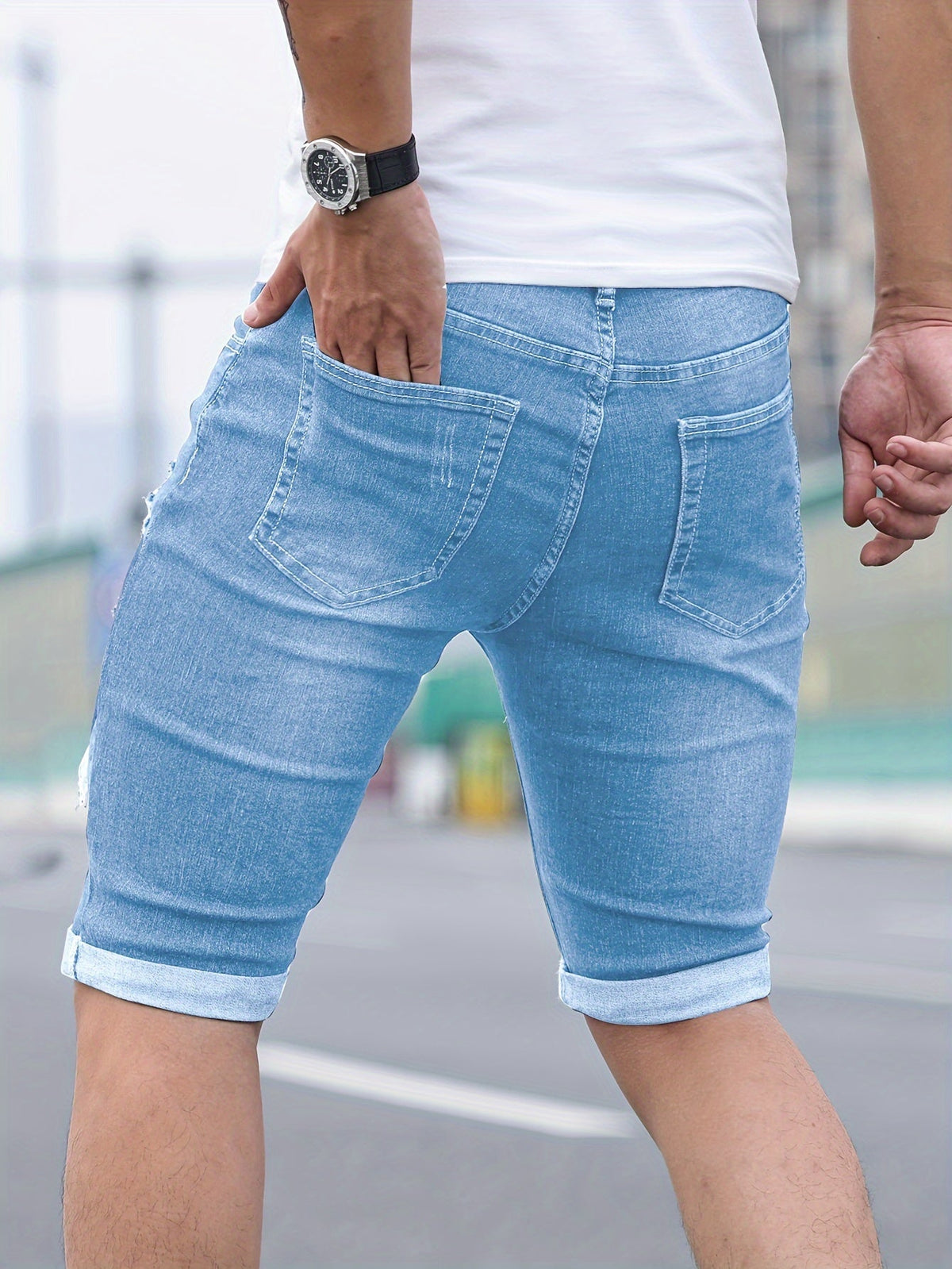 Men's Denim Shorts | Skinny Fit Distressed Rolled Hem