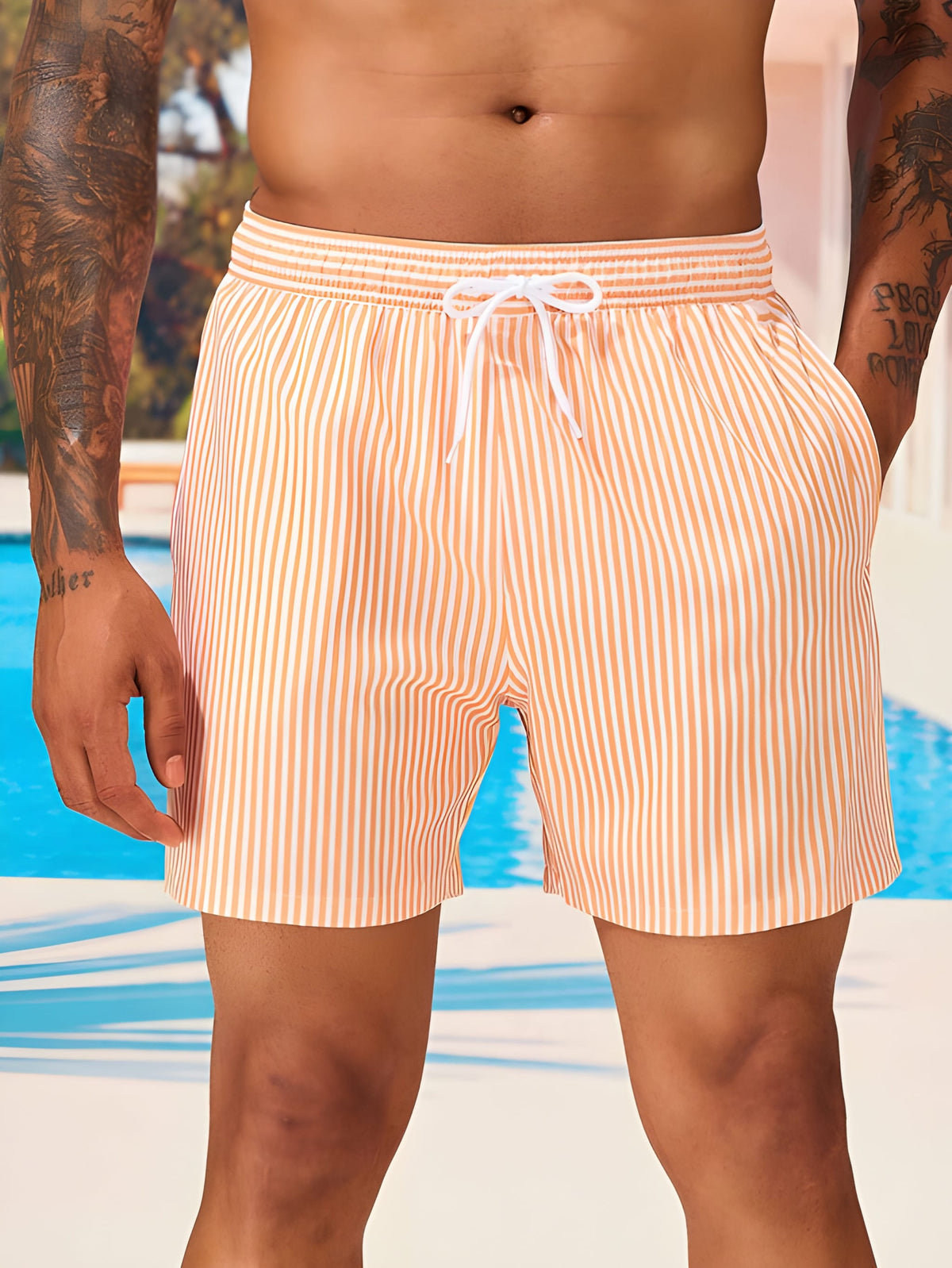 Men's Long Surf Shorts | Striped Pattern Elastic Waist Quick Drying
