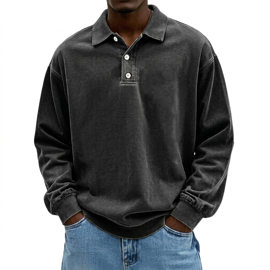 Men's Sweatshirt | Polo Collar Drop Shoulder Garment Washed