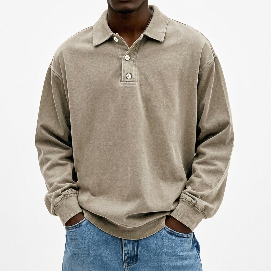 Men's Sweatshirt | Polo Collar Drop Shoulder Garment Washed