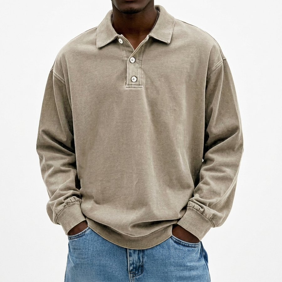 Men's Sweatshirt | Polo Collar Drop Shoulder Garment Washed