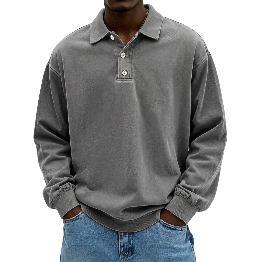 Men's Sweatshirt | Polo Collar Drop Shoulder Garment Washed