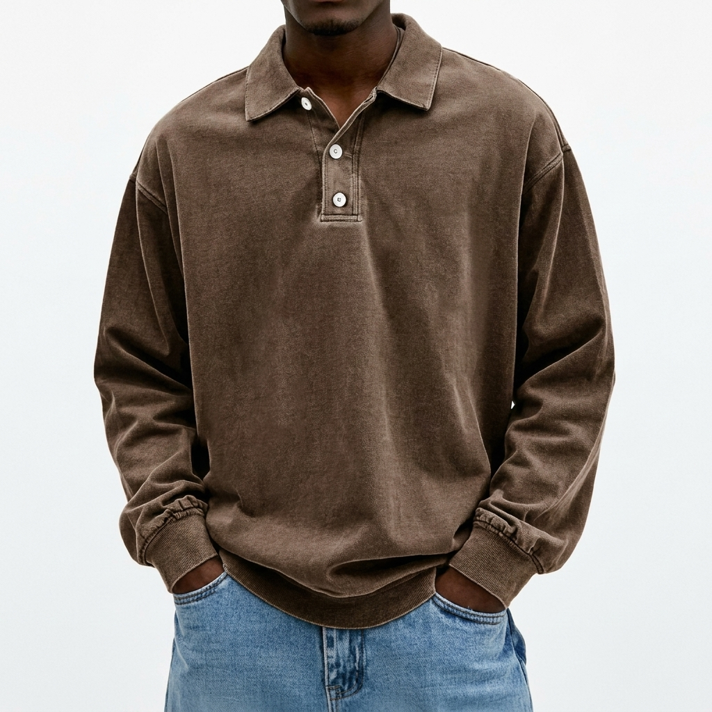 Men's Sweatshirt | Polo Collar Drop Shoulder Garment Washed