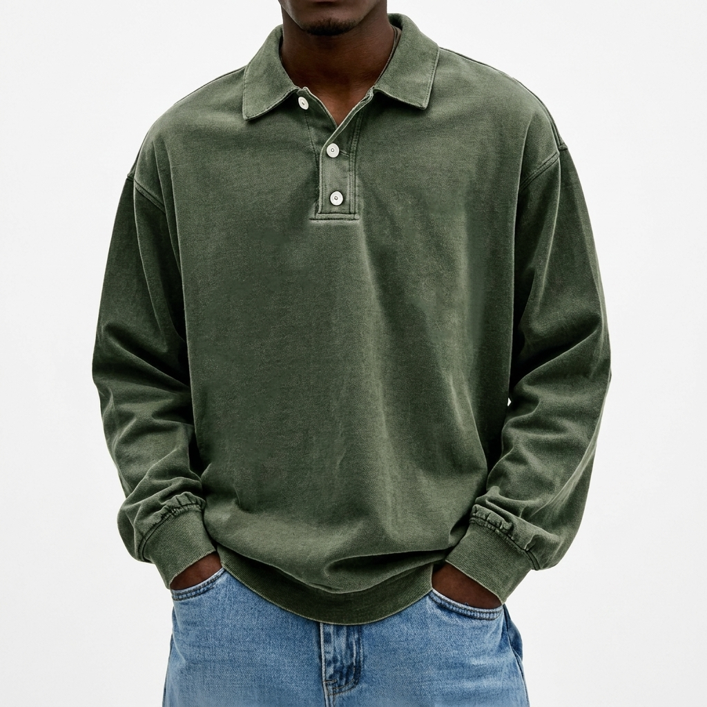 Men's Sweatshirt | Polo Collar Drop Shoulder Garment Washed