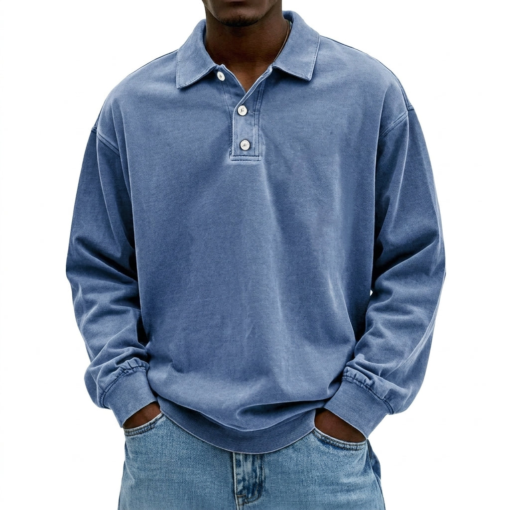 Men's Sweatshirt | Polo Collar Drop Shoulder Garment Washed