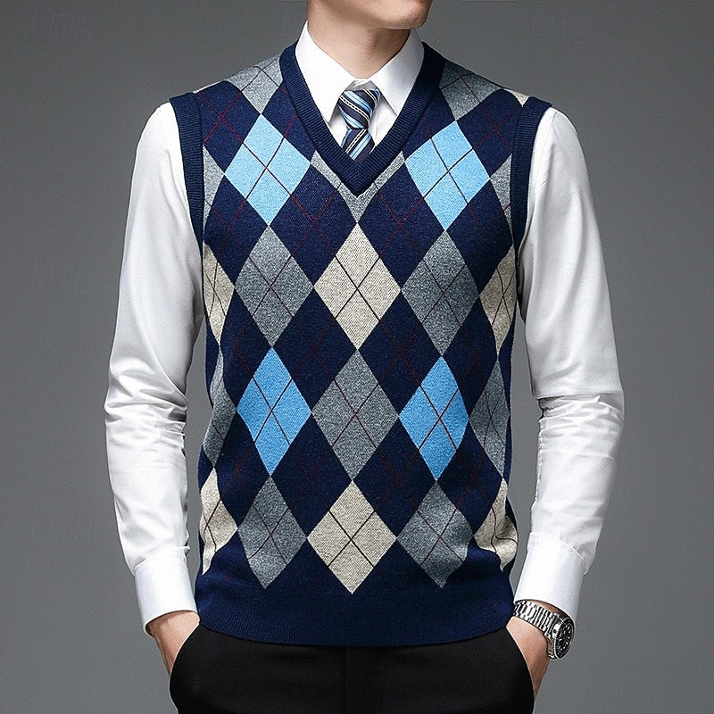 Men's Sweater Vest | V-Neck Argyle Knit Sleeveless