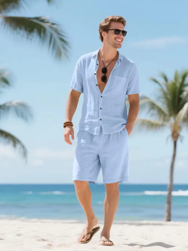 Men's Beach Shorts | Short Sleeve Button-Up Collared Linen