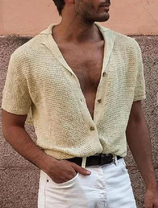 Men's Polo Top | Short Sleeve Knit Button Closure V-Neck