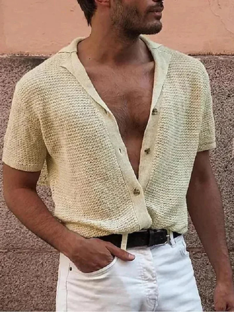 Men's Polo Top | Short Sleeve Knit Button Closure V-Neck