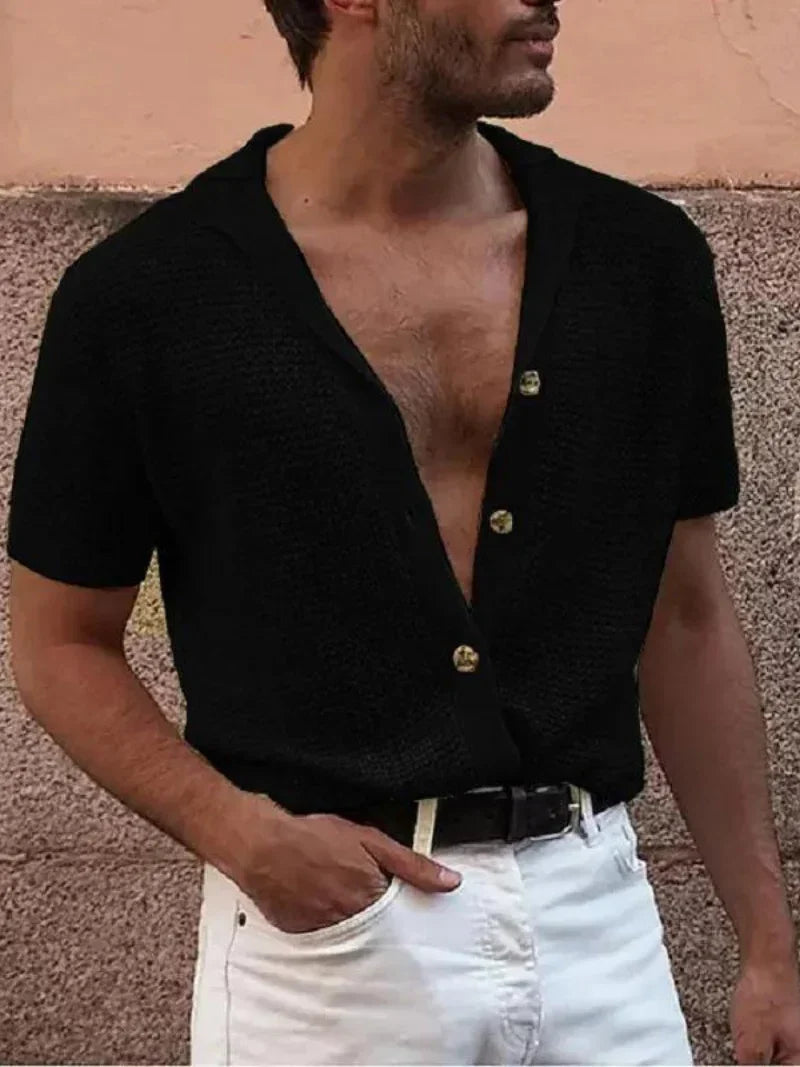 Men's Polo Top | Short Sleeve Knit Button Closure V-Neck