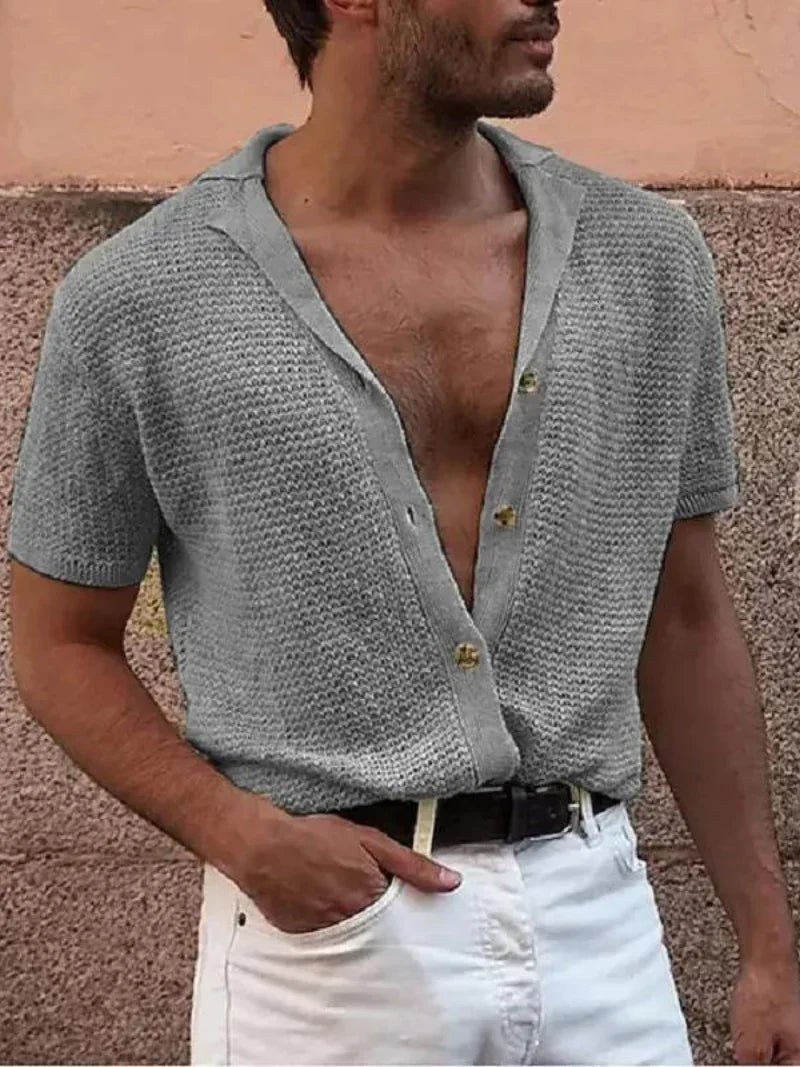 Men's Polo Top | Short Sleeve Knit Button Closure V-Neck
