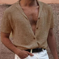 Men's Polo Top | Short Sleeve Knit Button Closure V-Neck