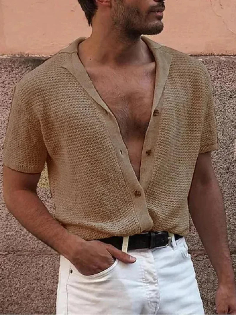 Men's Polo Top | Short Sleeve Knit Button Closure V-Neck