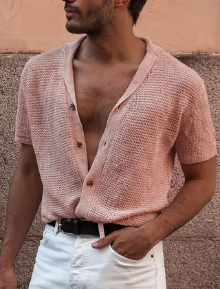 Men's Polo Top | Short Sleeve Knit Button Closure V-Neck