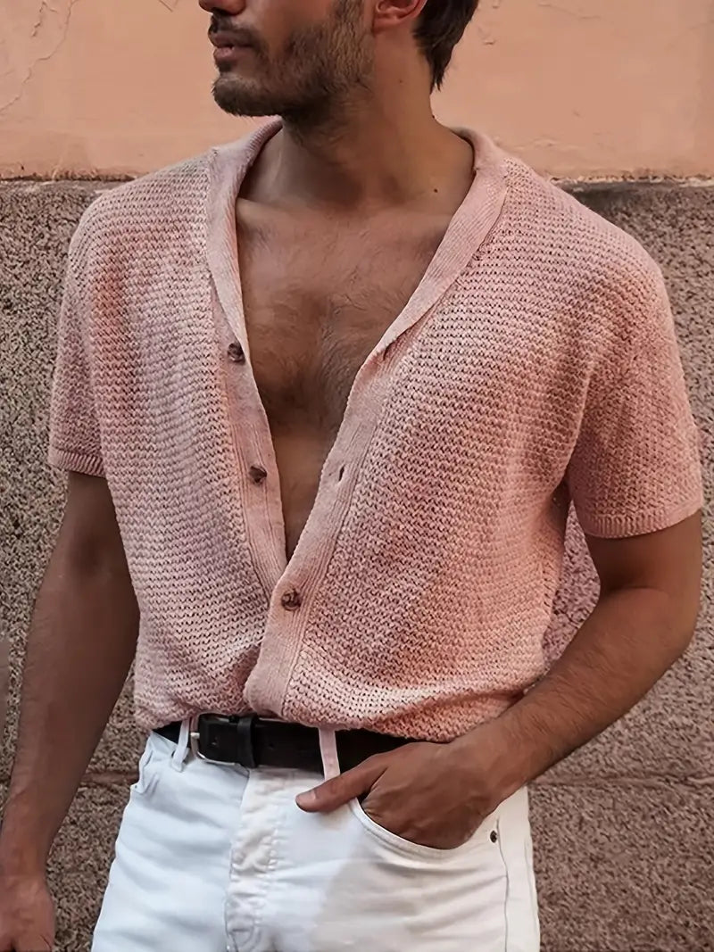 Men's Polo Top | Short Sleeve Knit Button Closure V-Neck